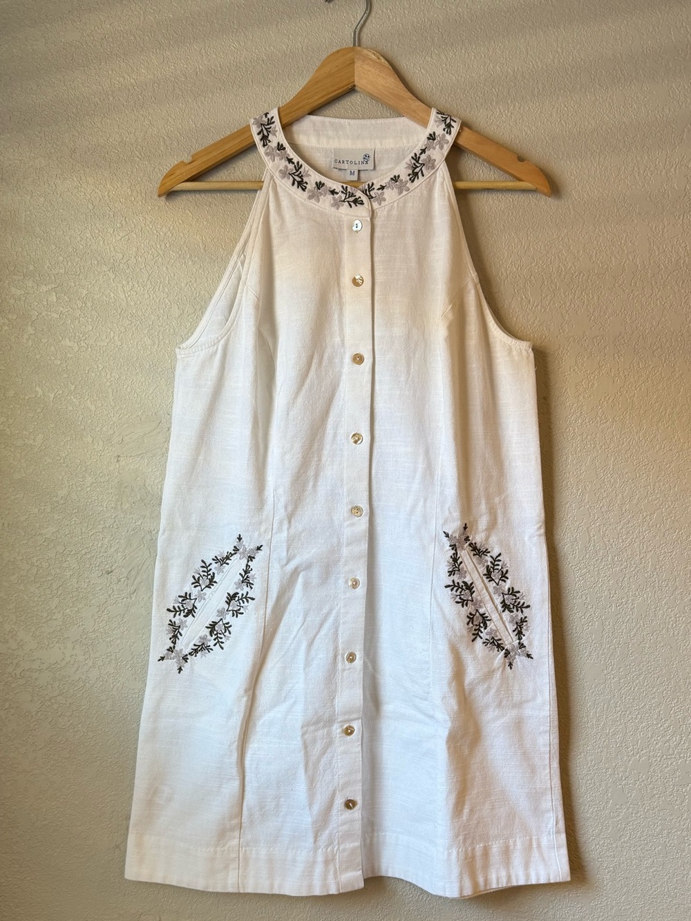 White Embroidered Sleeveless Button-Front Dress